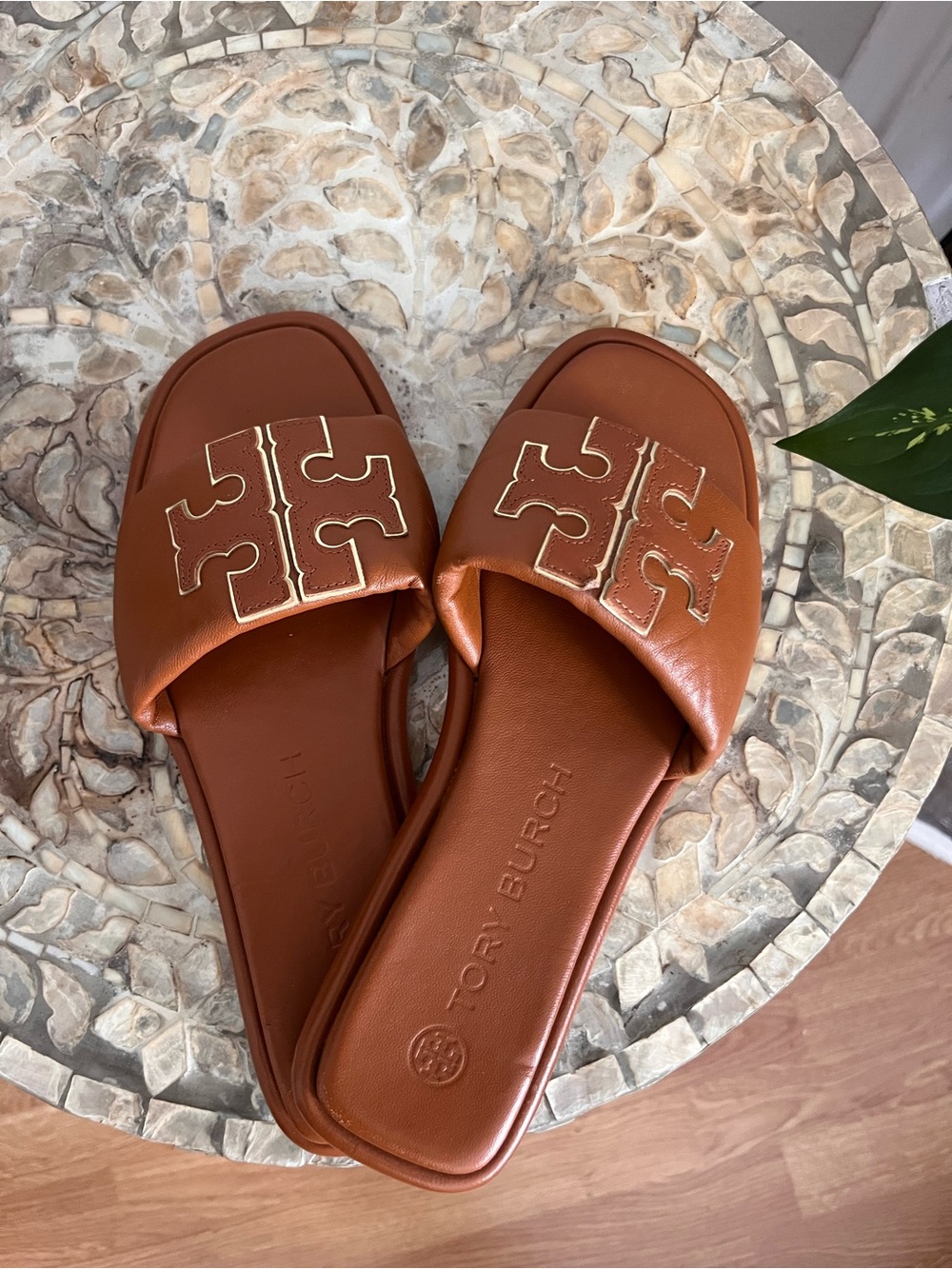 Tory Burch Tan Leather Logo Slide Sandals
